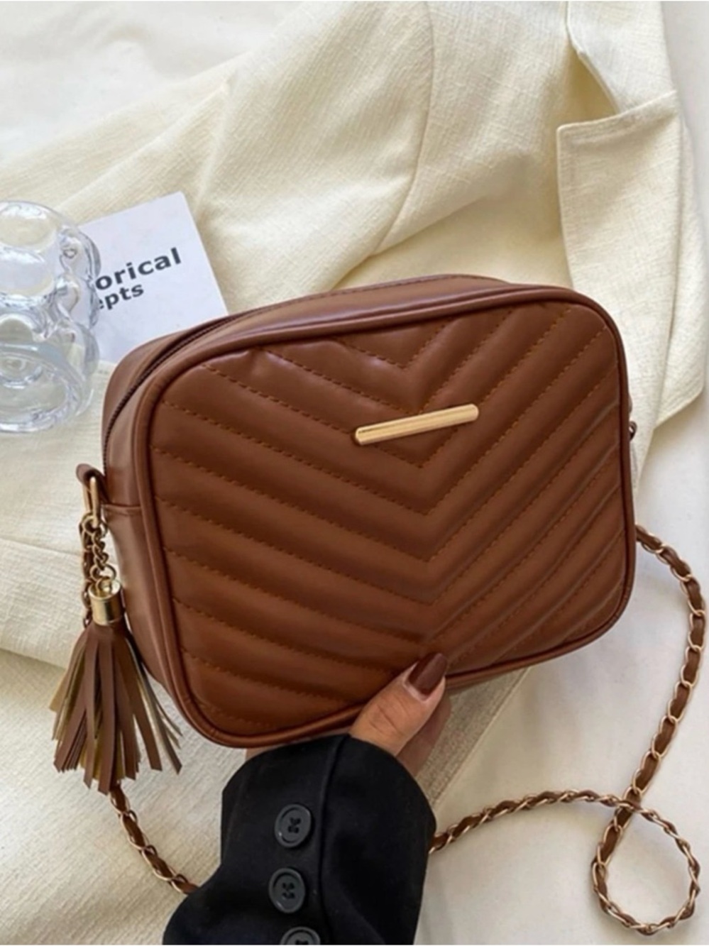 Quilted Crossbody Bag with Tassel - Brown
